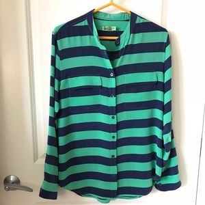 Equipment Silk Button Down in Navy/Green Stripe